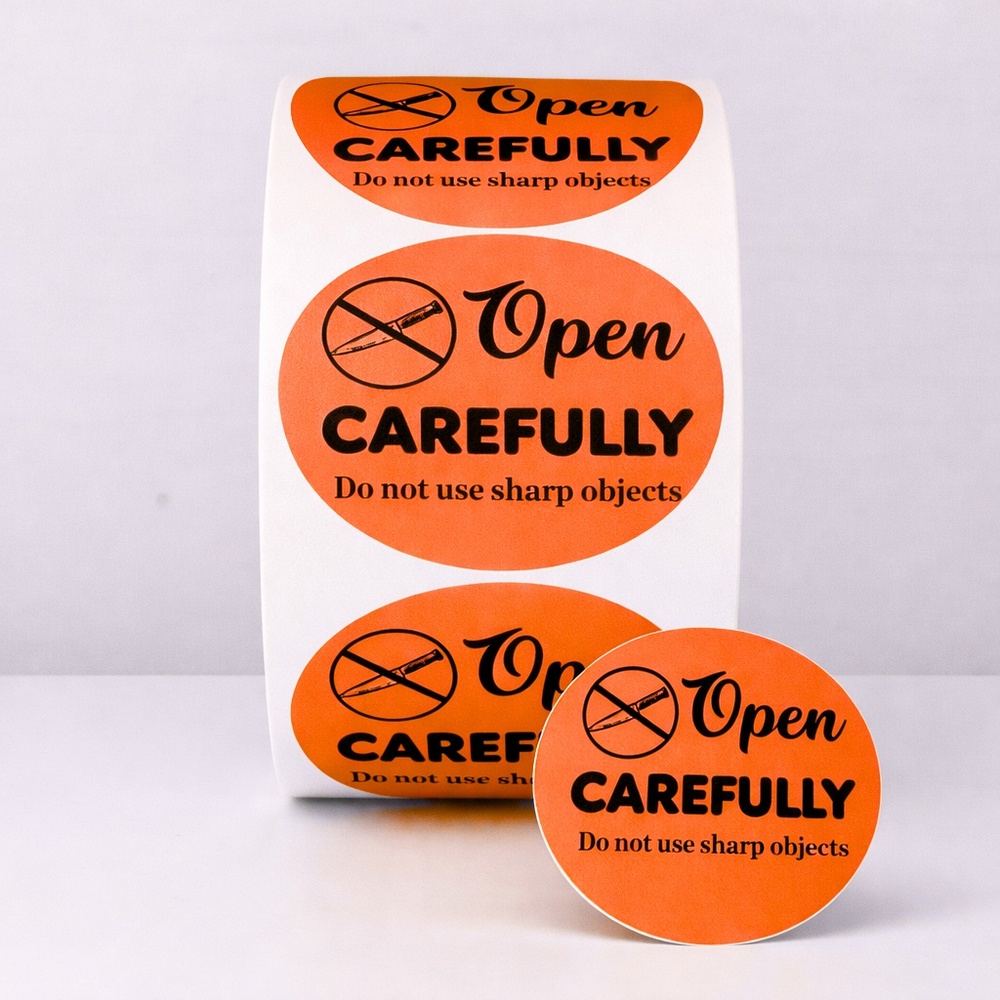 Open Carefully Labels – Do Not Use Sharp Objects Packaging Stickers new - Picture 3 of 5